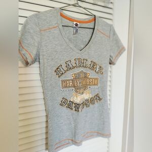 Harley-Davidson Women's Short Sleeve V-Neck T-Shirt Gray Orange Las Vegas Medium